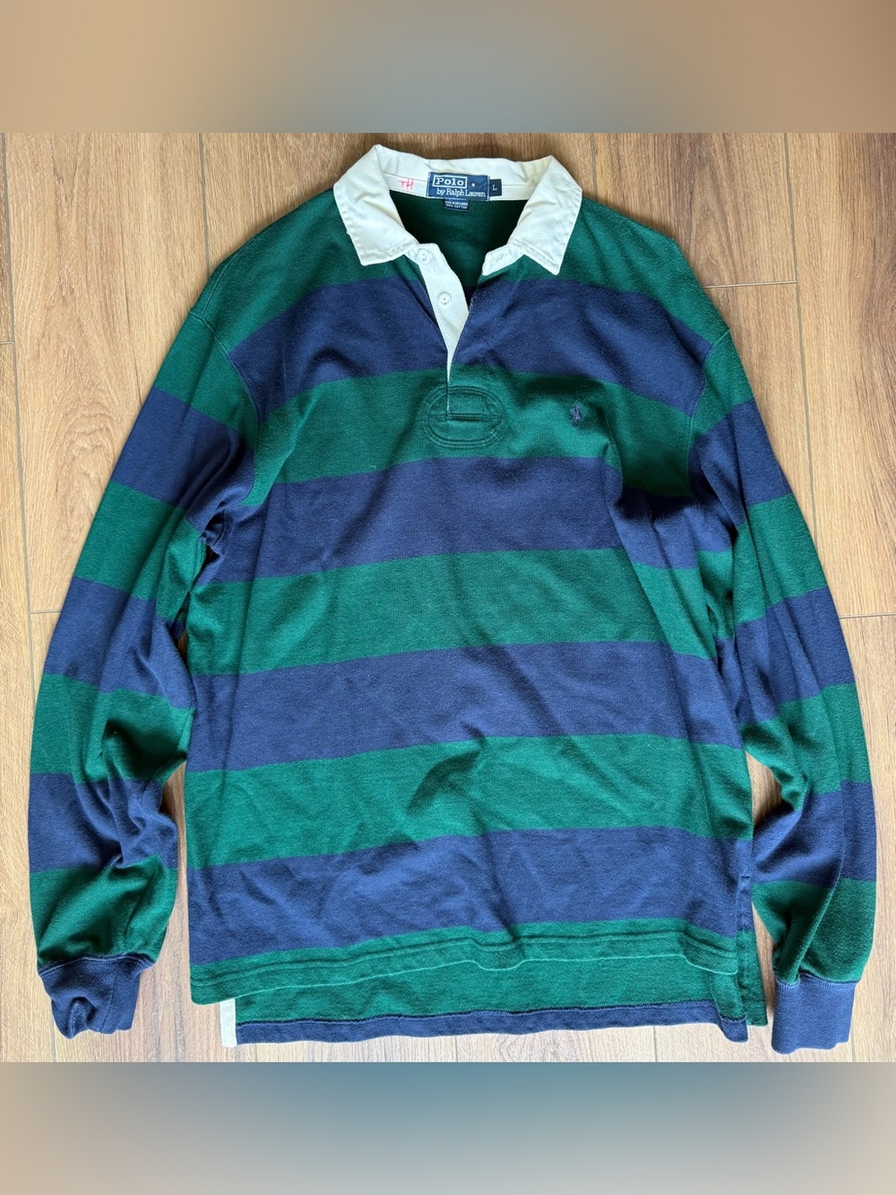 Vintage Polo Ralph Lauren Rugby Shirt Men L Blue Green Striped Long Sleeve